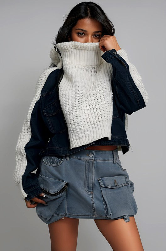 Denim and Knit Multi Fabric Jacket