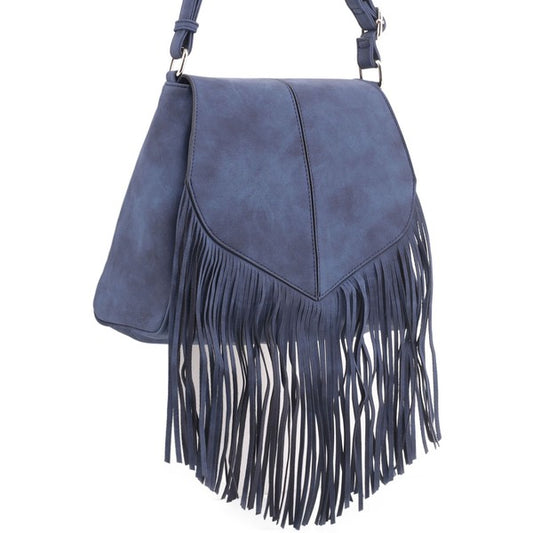 Faux Suede Fringe Flap Crossbody Bag