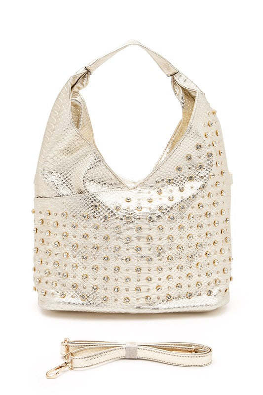 Crystal Studs Embellished Top Handle Shoulder Bag