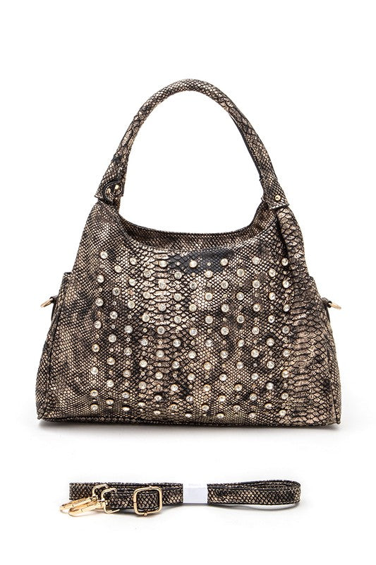 Metallic Snake Crystal Studded Shoulder Bag