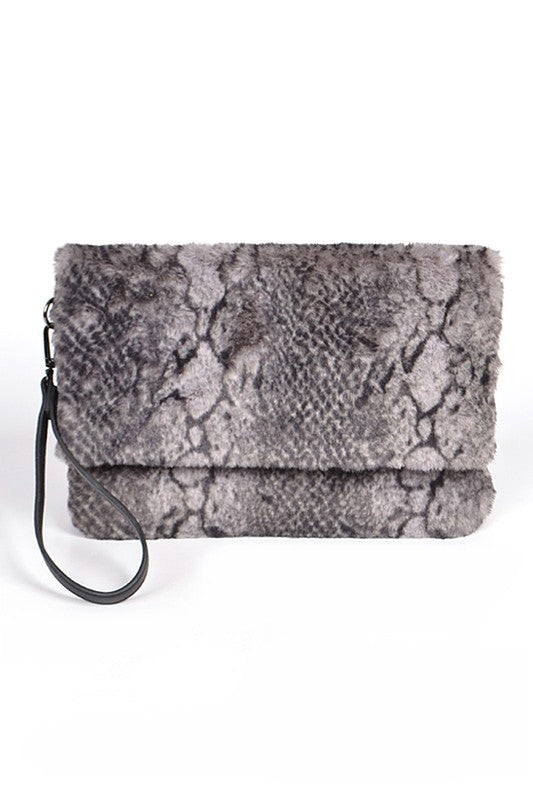 Faux Shearling Snake Print Shoulder Bag