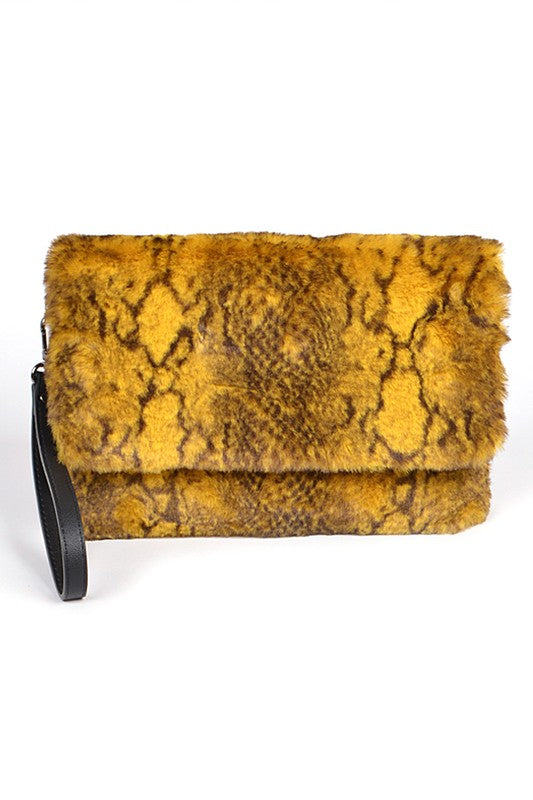 Faux Shearling Snake Print Shoulder Bag