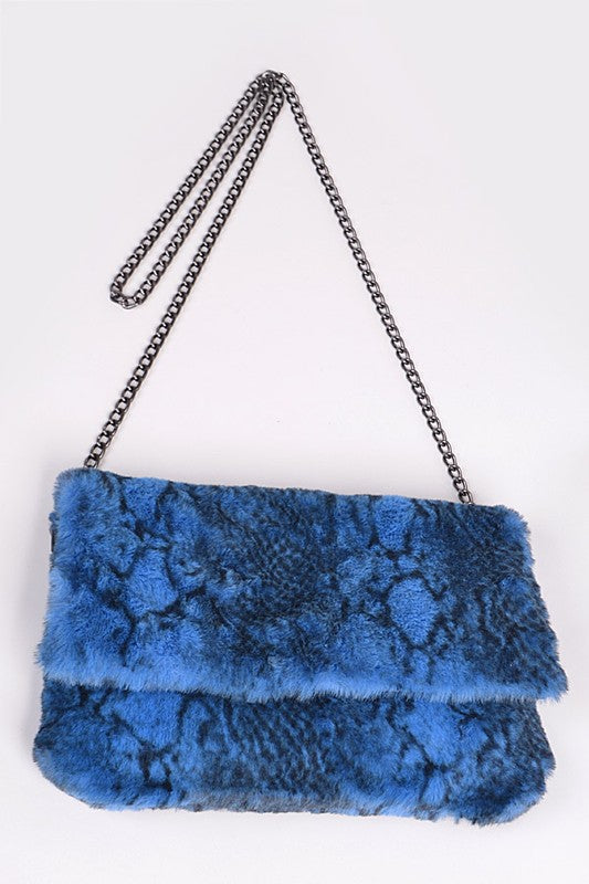 Faux Shearling Snake Print Shoulder Bag