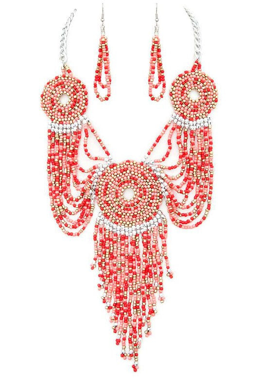 Seed Beads Medallion Statement Necklace Set