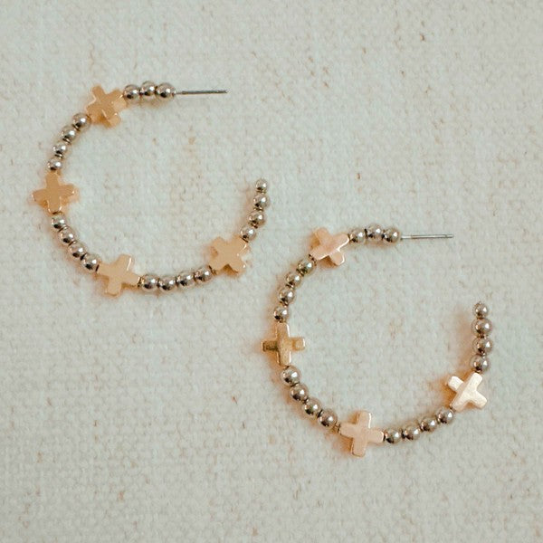 Golden Crosses Beaded Hoop Earrings