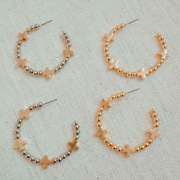 Golden Crosses Beaded Hoop Earrings