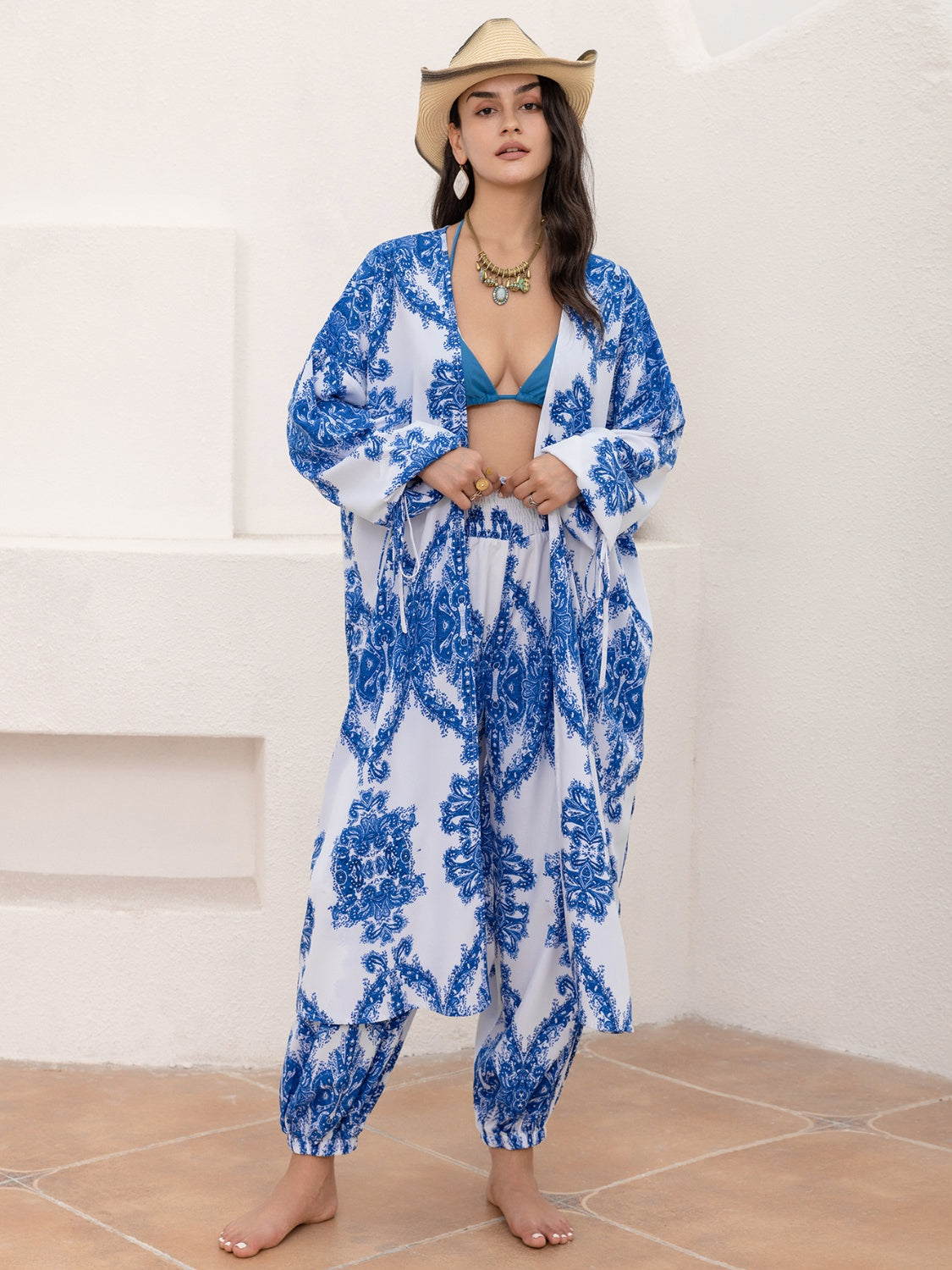 Printed Open Front Top and Pants Set