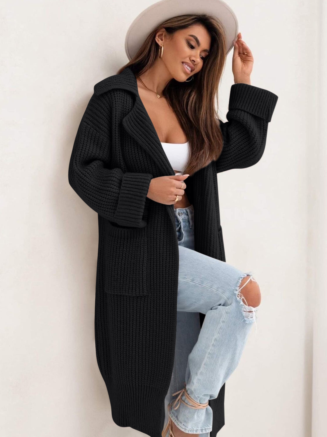 Pocketed Collared Neck Dropped Shoulder Cardigan