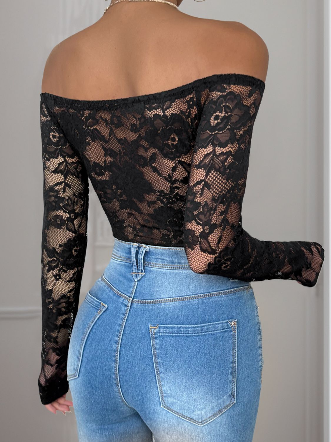 Perfee Lace Off-Shoulder Long Sleeve Bodysuit