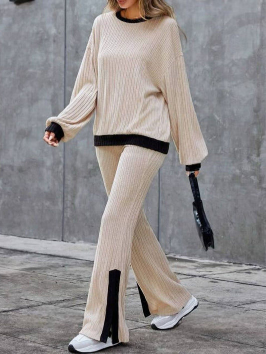 Contrast Round Neck Long Sleeve Top and Bootcut Pants Set