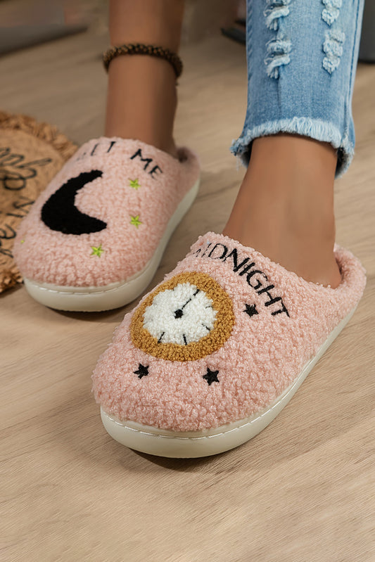 Light Pink Moon & Clock Pattern Fuzzy Home Slippers