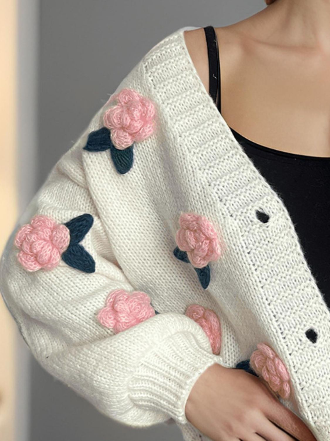 Flower Button Down V-Neck Long Sleeve Cardigan