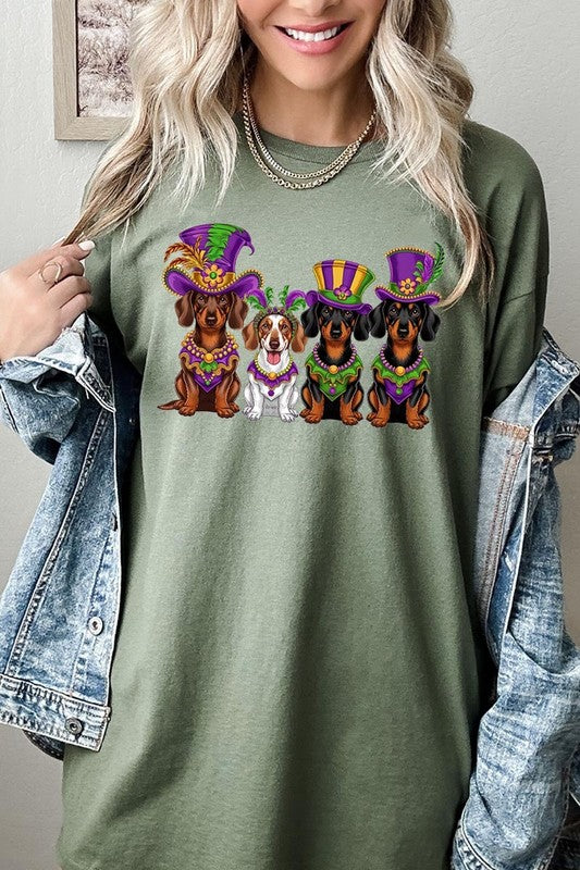 Dachshund Mardi Gras Graphic Plus Heavy Cotton Tee