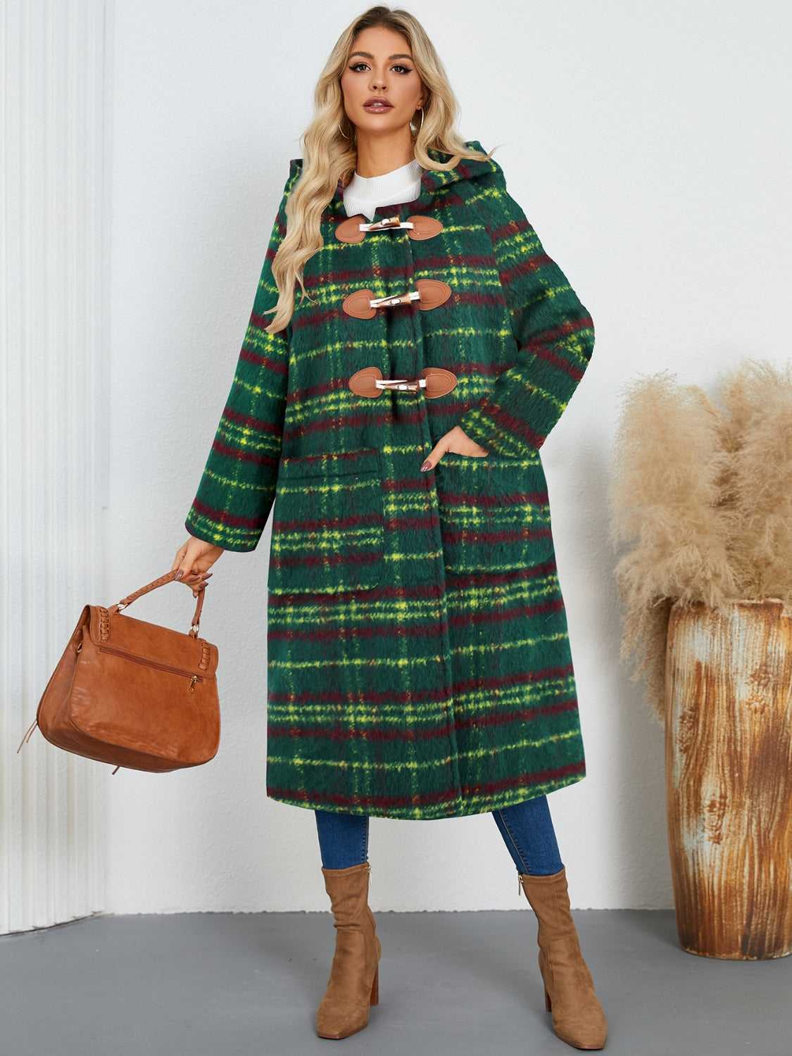 Plaid Long Sleeve Hooded Coat with Pockets