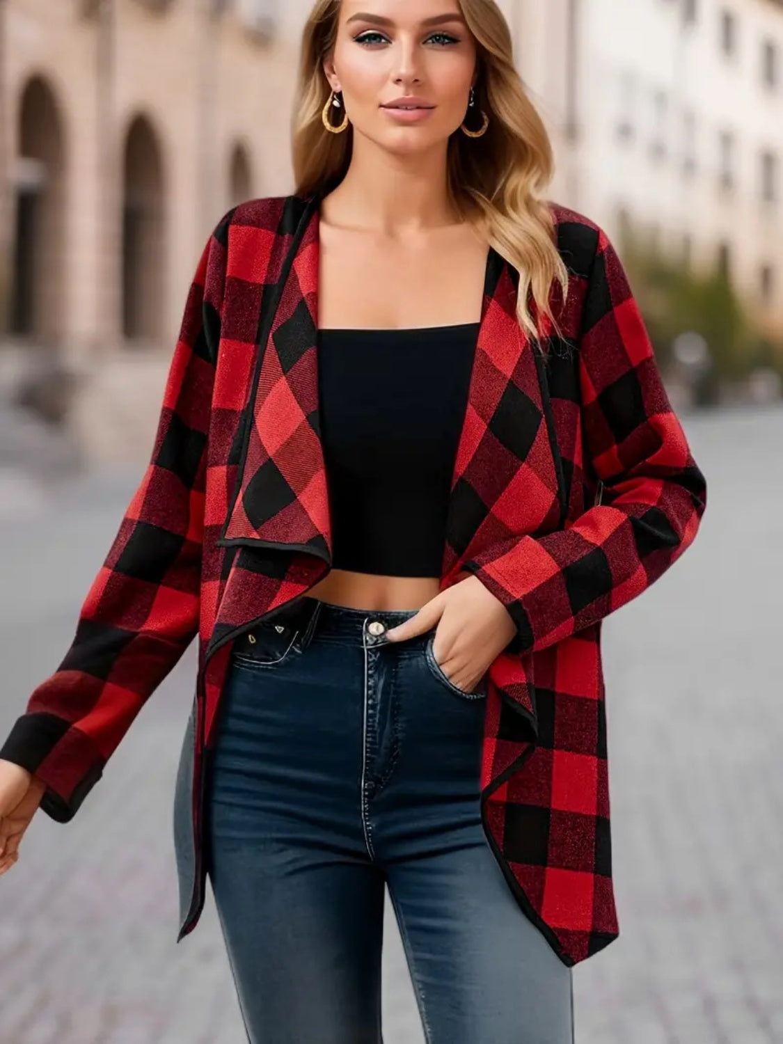 Plaid Open Front Long Sleeve Jacket